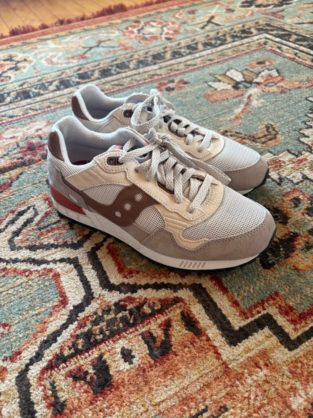 Saucony Beige and Brown Mesh Suede Sneakers Shadow 5000